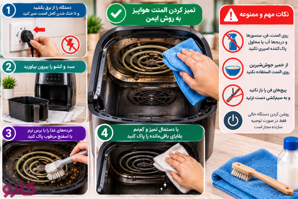 تمیز کردن المنت هواپز و سقف محفظه به روش ایمن 